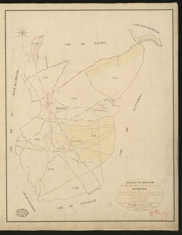 Montaure. Tableau d'assemblage _ du Plan Parcellaire de la Commune de Montaure. _ Canton de Pont-de-l'Arche - Louviers - Eure. _ Terminé sur le terrain le 4 Octobre 1834 sous l'administration de M. A. Passy, Préfet _ M. Sevestre, maire _ en sous la Direction de M. Marel, Directeur des Contributions directes. _ M. Le Fébure, Géomètre Chef. _ Par M. Renault, Géomètre de 1re classe.