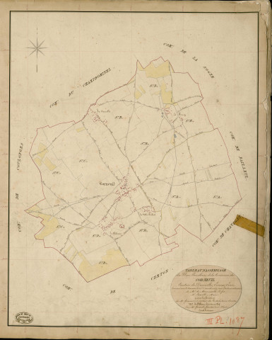 Corneuil. Tableau d'assemblage _ du Plan Parcellaire de la Commune de Corneuil _ Canton de Damville - Evreux - Eure. _ Terminé sur le Terrain le 25 Décembre 1839 , sous l'administration de M. de Monicault, Préfet _ M. Carbille, Maire _ sous la Direction de M. Garnier, Directeur des Contributions directes _ M. Le Fébure, Géomètre en Chef. _ Par M. Gérard, Géomètre de 1re classe.
