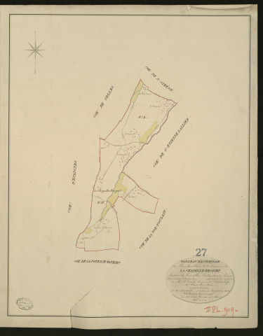Chapelle-Becquet (La). Tableau d'assemblage _ du Plan Parcellaire de la Commune de La Chapelle-Becquet _ Canton de Cormeille - Pontaudemer - Eure. _ Terminé sur le Terrain en 1826, sous l'administration de Mr. Vicomte Raymond Delaitre, Préfet _ M. Vauquelin, Maire _ sous la Direction de M. Heurtrelle, Directeur des Contributions directes _ M. Hautier, Géomètre en Chef. _ Par M. Folin, Géomètre de 1re classe.