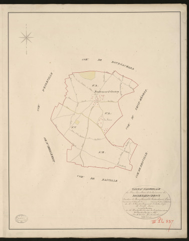 Bosc-Benard-Crescy. Tableau d'assemblage _ du Plan Parcellaire de la Commune de Bosbenard-Crescy _ Canton de Bourgtheroulde - Pontaudemer - Eure. _ Terminé sur le terrain en 1828, sous l'administration de M.le Vicomte Raymond Delaitre, Préfet _ M. Duval, maire _ en sous la Direction de M. Hurtrelle, Directeur des Contributions directes. _ M. Hautier, Géomètre en Chef. _ Par M. Auxerre, Géomètre de 1re classe.