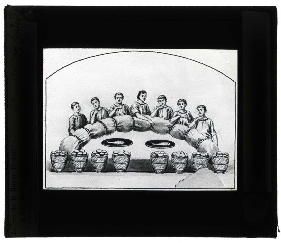 Dessin "La Table aux sept convives" aux catacombes de Saint-Calixte à Rome (Italie).