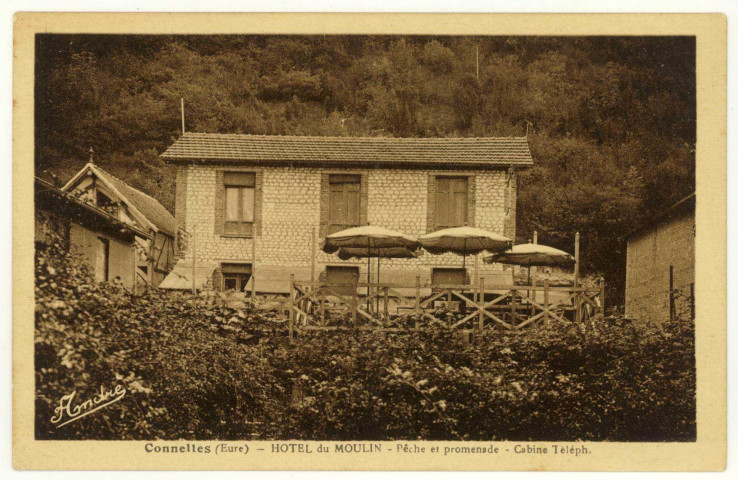 Connelles. Hôtel du Moulin-Pêche et Promenade-Cabine téléphonique.