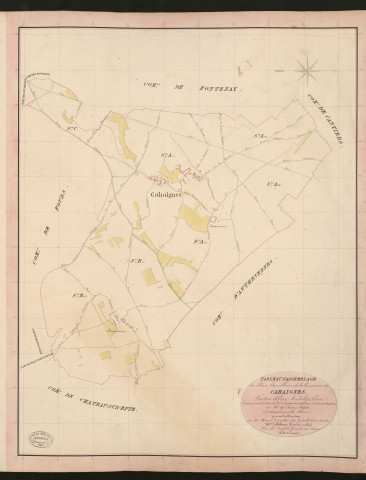 Cahaignes. Tableau d'assemblage du Plan Parcellaire de la Commune de Cahaignes. _ Canton d'Ecos - Andelys, Eure. _ Terminé sur le terrain le 31 septembre 1836, sous l'administration de M. A. Passy, Préfet - Debois dénements, Maire et sous la direction de M. Marel, Directeur des Contributions directes. _ - M. Le Fébure, Géomètre en Chef. _ Par M. Lenglet, Géomètre de 1re classe.