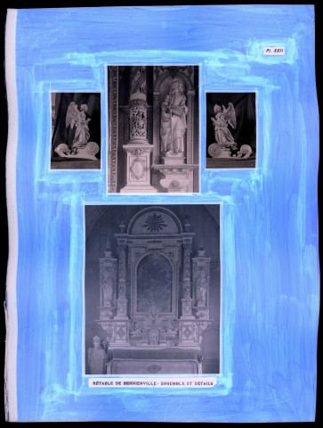 "Histoire générale du diocèse d'Évreux" du chanoine Bonnenfant tome I, planche XXII église de Bernienville (Eure), retable, ensemble et détails.