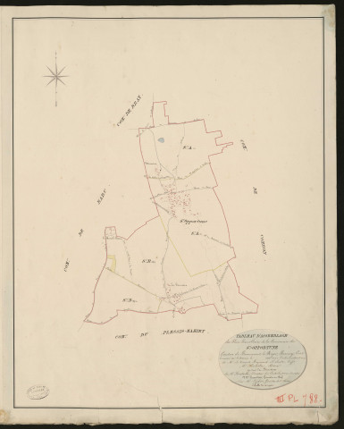 Sainte-Opportune-la Campagne. Tableau d'assemblage du Plan Parcellaire de la Commune de Sainte-Opportune _ Canton de Beaumont-le-Roger - Bernay - Eure. _ Terminé sur le terrain le 1826, sous l'administration de M. Le Vicomte Raymond Delaitre, Préfet - M. Lemaitre, Maire et sous la direction de M. Hurtelle, Directeur des Contributions directes. _ M. Hautier, Géomètre en Chef. _ Par M. Lefebvre, Géomètre de 1re classe