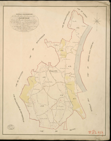 Barneville-sur-Seine. Tableau d'assemblage _ du Plan Parcellaire de la Commune de Barneville _ Canton de Routot - Pontaudemer - Eure. _ Terminé sur le Terrain en 1826, sous l'administration de M.Le Vicomte Raymond Delaitre, Préfet _ M. Destampes, maire _ sous la Direction de M.Hurtrelle, Directeur des Contributions directes _ M. Hautier, Géomètre en Chef. _ Par M. Thorel, Géomètre de 1re classe.