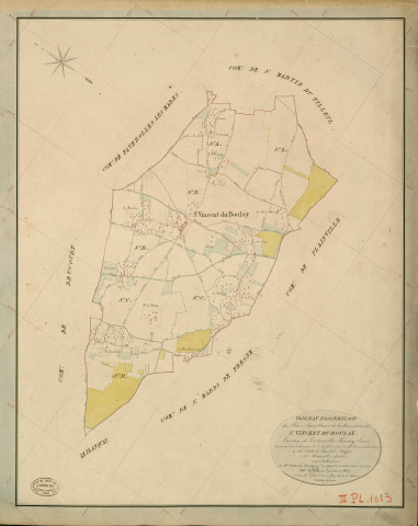 Saint-Vincent-du-Boulay. Tableau d'assemblage _ du Plan Parcellaire de la Commune de St Vincent du Boulay _ Canton de Thiberville - Bernay - Eure. _ Terminé sur le Terrain le 3 Juillet 1845 , sous l'administration de M. Petit de Bantel, Préfet _ M. Mauviel, Maire _ sous la Direction de M.Violas de Martigny, Directeur des Contributions directes _ M. Le Fébure, Géomètre en Chef. _ Par M. Lefebure, Géomètre de 1re classe.