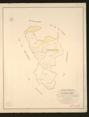 Bosc-Benard-Commin. Tableau d'assemblage _ du Plan Parcellaire de la Commune de Bosbenard-Commin _ Canton de Bourgtheroulde - Pontaudemer - Eure. _ Terminé sur le terrain en 1828, sous l'administration de M.le Vicomte Raymond Delaitre, Préfet _ M. Duruflé, maire _ en sous la Direction de M. Hurtrelle, Directeur des Contributions directes. _ M. Hautier, Géomètre en Chef. _ Par M. Lefbure, Géomètre de 1re classe.
