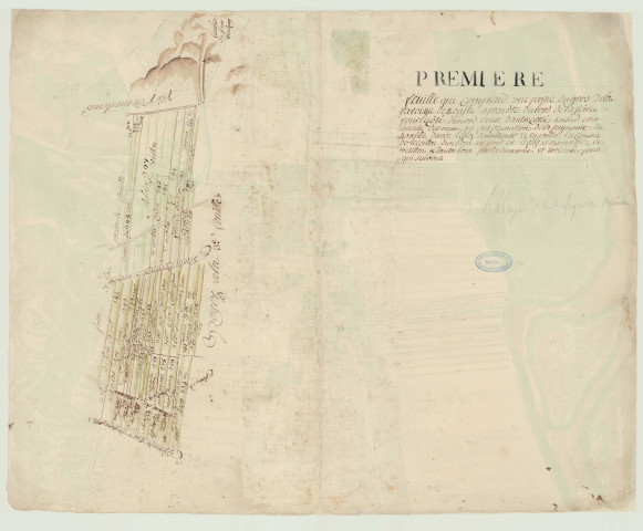 Bouafles - Atlas des plans terriers de la paroisse. *, Cahier (dérelié) de 22 pages comprenant 10 plans parcellaires avec le nom des tenanciers, les numéros de parcelles et les superficies (extrait de H 1306 Abbaye de Saint-Léger de Préaux). Le titre est au recto, le plan au verso, reliure parchemin conservée.