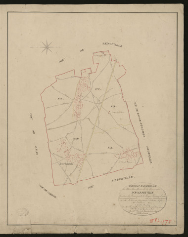 Ecardenville-la-Campagne. Tableau d'assemblage _ du Plan Parcellaire de la Commune d'Ecardenville. _ Canton de Beaumont-le-Roger - Bernay - Eure. _ Terminé sur le terrain en 1826 sous l'administration de M. Le Vicomte Raymond Delaitre, Préfet _ M. Toutain, maire _ en sous la Direction de M. Hurtrelle, Directeur des Contributions directes. _ M. Hautier, Géomètre en Chef. _ Par M. Chainot, Géomètre de 1re classe.