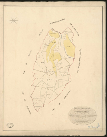 Saint-Gervais-d'Asnières. Tableau d'assemblage du Plan Parcellaire de la Commune de Saint-Gervais-d'Asnières _ Canton de Cormeilles - Pont-Audemer - Eure _ Terminé sur le terrain le 1826, sous l'administration de M. Le Vicomte Raymond Delaitre, Préfet - M. Barbey, Maire et sous la direction de M. Hurtrelle, Directeur des Contributions directes. _ M. Hautier, Géomètre en Chef. _ Par M. Canu, Géomètre de 1re classe