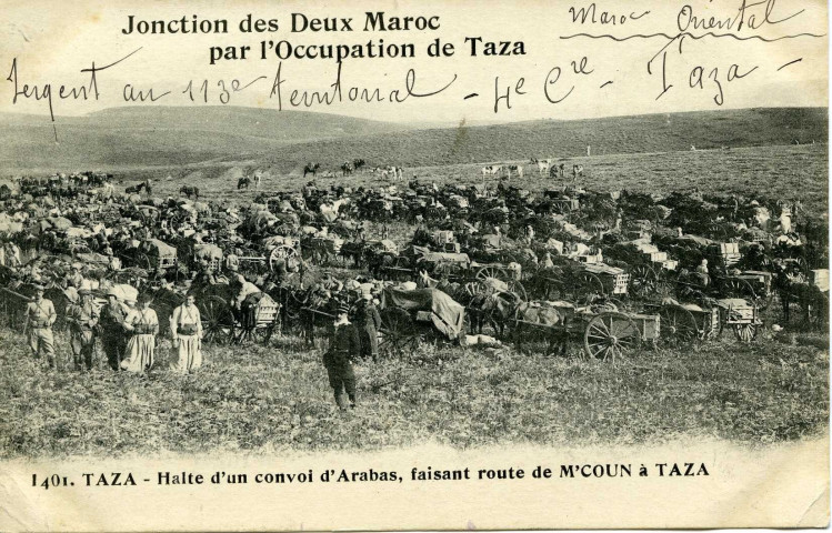 TAZA - Halte d'un convoi d'Arabas, faisant route de M'COUN à TAZA