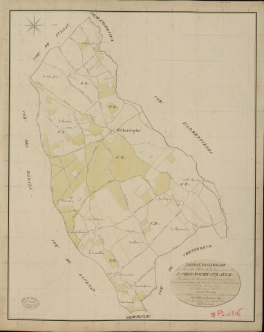 Saint-Christophe-sur-Avre. Tableau d'assemblage _ du Plan Parcellaire de la Commune de St Christophe sur Avre _ Canton de Verneuil - Evreux - Eure. _ Terminé sur le Terrain le 19 Décembre 1835, sous l'administration de M. A. Passy, Préfet _ M. Boucher, Maire _ et sous la Direction de M. Marel, Directeur des Contributions directes _ M. Le Fébure, Géomètre en Chef. _ Par M. Pizier, Géomètre de 1re classe.