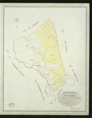 Glos-sur-Risle. Tableau d'assemblage _ du Plan Parcellaire de la Commune de Glos-sur-Risle _ Canton de Montfort - Pontaudemer - Eure. _ Terminé sur le Terrain le 18 mars 1832, sous l'administration de M. A Passy, Préfet _ M. Lerefait, Maire _ sous la Direction de M.Marel, Directeur des Contributions directes _ M. Le Fébure, Géomètre en Chef. _ Par M. Letailleur, Géomètre de 1re classe.