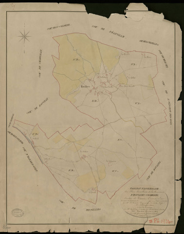 Houlbec-Cocherel. Tableau d'assemblage _ du Plan Parcellaire de la Commune d'Houlbec-Cocherel _ Canton de Vernon - Evreux - Eure. _ Terminé sur le Terrain en 1825, sous l'administration de M. Le Vicomte Raymond Delaitre, Préfet _ M. Delacroix, Maire _ et sous la Direction de M. Aubelin, Directeur des Contributions directes _ M. Hautier, Géomètre en Chef. _ Par M. Gondouin, Géomètre de 1re classe.