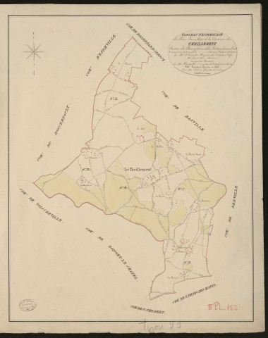 Theillement. Tableau d'assemblage du Plan Parcellaire de la Commune de Theillement. _ Canton de Bourgtheroulde - Pontaudemer - Eure. _ Terminé sur le terrain en 1828, sous l'administration de M. Le Vicomte Raymond Delaitre, Préfet - M. Deviette, Maire et sous la direction de M. Hurtelle, Directeur des Contributions directes. _ M. Hautier, Géomètre en Chef. _ Par M. Folin, Géomètre de 1re classe