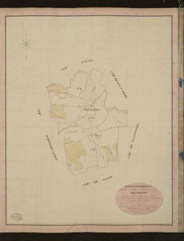 Valcorbon. Tableau d'assemblage du Plan Parcellaire de la Commune de Valcorbon. _ Canton d'Ecos - Andelys - Eure. _ Terminé sur le terrain le 22 juin 1836, sous l'administration de M. A Passy, Préfet - M. Boucher, Maire et sous la direction de M. Marel, Directeur des Contributions directes. _ M. Le Fébure, Géomètre en Chef. _ Par M. Gondouin, Géomètre de 1re classe