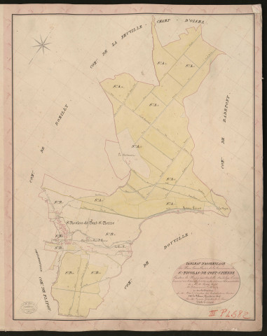 Saint-Nicolas-de-Pont-Saint-Pierre. Tableau d'assemblage du Plan Parcellaire de la Commune de Saint-Nicolas-de-Pont-Saint-Pierre. _ Canton de Fleury-sur-Andelle - Andelys - Eure. _ Terminé sur le terrain le 1er novembre 1836, sous l'administration de M. A. Passy, Préfet - M. Letourneur, Maire et sous la direction de M. Marel, Directeur des Contributions directes. _ M. Le Fébure, Géomètre en Chef. _ Par M. Legrain, Géomètre de 1re classe