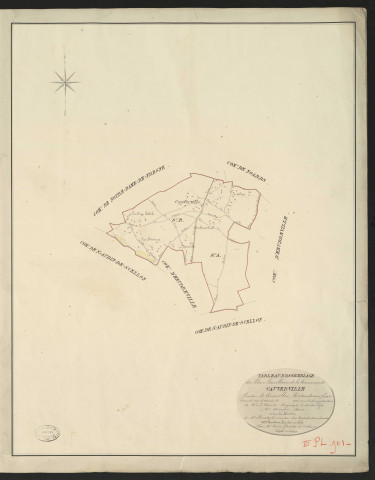 Cauverville-en-Lieuvin. Tableau d'assemblage du Plan Parcellaire de la Commune de Cauverville _ Canton de Cormeilles - Pont-Audemer - Eure _ Terminé sur le terrain le 1826, sous l'administration de M. Le Vicomte Raymond Delaitre, Préfet - M. Heurtrelle, Maire et sous la direction de M. Marel, Directeur des Contributions directes. _ M. Hautier, Géomètre en Chef. _ Par M. Canu, Géomètre de 1re classe