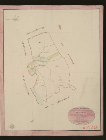 Provemont. Tableau d'assemblage du Plan Parcellaire de la Commune de Provemont. _ Canton d'Etrépagny - Andelys - Eure. _ Terminé sur le terrain le 30 juillet 1850, sous l'administration de M. Guyot, Préfet - M. Doré, Maire et sous la direction de M. Chauveau, Directeur des Contributions directes. _ M. Le Fébure, Géomètre en Chef. _ Par M. Drouet, Géomètre de 1re classe