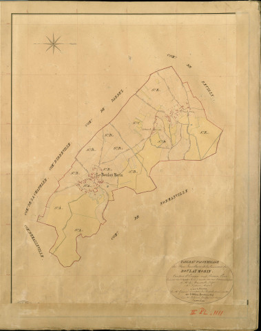 Boulay-Morin (Le). Tableau d'assemblage _ du Plan Parcellaire de la Commune du Boulay Morin _ Canton de Evreux (nord) - Evreux - Eure. _ Terminé sur le Terrain le 23 Decembre 1840 , sous l'administration de M. de Monicault, Préfet _ M. Lefebure, Maire _ sous la Direction de M. Garnier, Directeur des Contributions directes _ M. Le Fébure, Géomètre en Chef. _ Par M. Le Grain, Géomètre de 1re classe.