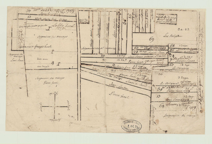 Haye-Saint-Sylvestre (La) - 1- "Plan de l'ainesse de La Glassonière située sur la paroisse de Saint-Silvestre de La Haye faisant partie du fief de Montrimay mouvant de la baronnie de l'abbaye de Lyre" 2- "Carte n°13. Seigneurie de Monrimé, l'ainesse de la Glaconnière". *