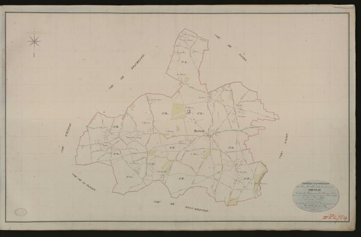 Thevray. Tableau d'assemblage _ du Plan Parcellaire de la Commune de Thevrayl. _ Canton de Beaumesnil - Bernay - Eure. _ Terminé sur le terrain le 2 septembre 1833 sous l'administration de M. A. Passy, Préfet _ M.Letellier maire _ en sous la Direction de M. Marel, Directeur des Contributions directes. _ M. Le Fébure, Géomètre Chef. _ Par M. Thorel, Géomètre de 1re classe.