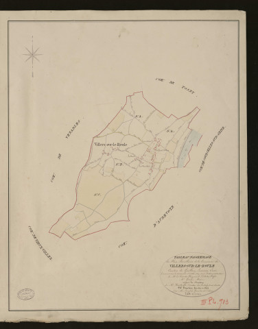 Villers-sur-le-Roule. Tableau d'assemblage du Plan Parcellaire de la Commune de Villers-sur-le-Roule _ Canton de Gaillon - Louviers - Eure. _ Terminé sur le terrain le 1er Octobre 1829, sous l'administration de M. Le Vicomte Raymond Delaitre, Préfet - M. Gasse, Maire et sous la direction de M. Hurtrelle, Directeur des Contributions directes. _ M. Hautier, Géomètre en Chef. _ Par M. Lenglet, Géomètre de 1re classe