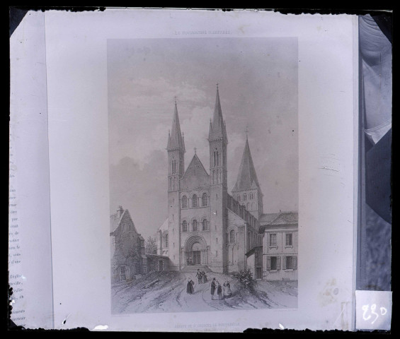 Abbaye Saint-Georges de Saint-Martin-de-Boscherville (Seine-Maritime), façade, lithographie extraite de "La Normandie Illustrée".