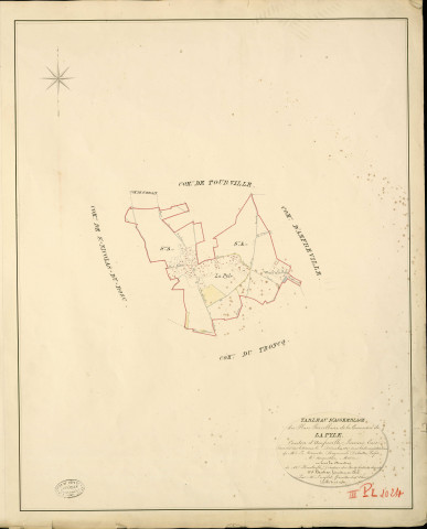 Pyle (La). Tableau d'assemblage _ du Plan Parcellaire de la Commune de La Pyle _ Canton d'Amfreville - Louviers - Eure. _ Terminé sur le Terrain en Décembre 1827 , sous l'administration de M. Le Vicomte Raymond Delaître , Préfet _ M. Anguetin, Maire _ sous la Direction de M.Hurtrelle, Directeur des Contributions directes _ M. Hautier, Géomètre en Chef. _ Par M. Lenglet, Géomètre de 1re classe.