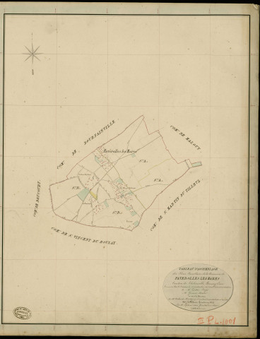 Faverolles-les-Mares. Tableau d'assemblage _ du Plan Parcellaire de la Commune de Faverolles les Mares _ Canton de Thiberville - Bernay - Eure. _ Terminé sur le Terrain le 23 Septembre 1845 , sous l'administration de M. Zedée, Préfet _ M. Gervais, Maire _ sous la Direction de M.Violas de Martigny, Directeur des Contributions directes _ M. Le Fébure, Géomètre en Chef. _ Par M. Lefebure, Géomètre de 1re classe.