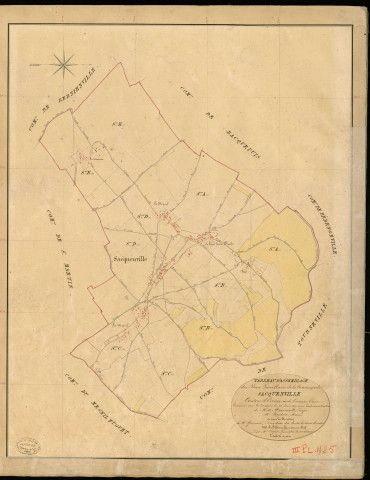 Sacquenville. Tableau d'assemblage _ du Plan Parcellaire de la Commune de Sacquenville _ Canton de Evreux (nord) - Evreux - Eure. _ Terminé sur le Terrain le 18 Juin 1841 , sous l'administration de M. de Monicault, Préfet _ M. Bautier, Maire _ sous la Direction de M. Garnier, Directeur des Contributions directes _ M. Le Fébure, Géomètre en Chef. _ Par M. Pizier, Géomètre de 1re classe.