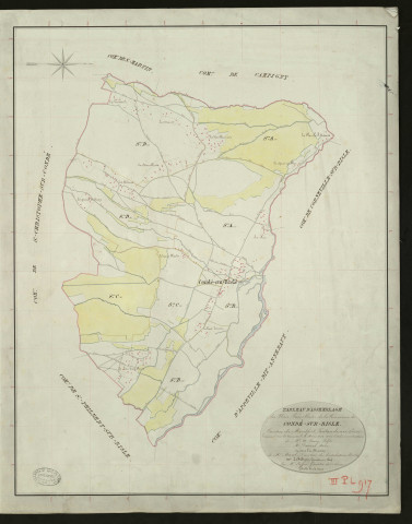 Condé-sur-Risle. Tableau d'assemblage _ du Plan Parcellaire de la Commune de Condé-Sur-Risle _ Canton de Montfort - Pontaudemer - Eure. _ Terminé sur le Terrain le 19 mars 1832, sous l'administration de M. A Passy, Préfet _ M. Desrues, Maire _ sous la Direction de M.Marel, Directeur des Contributions directes _ M. Le Fébure, Géomètre en Chef. _ Par M. Caffin, Géomètre de 1re classe.