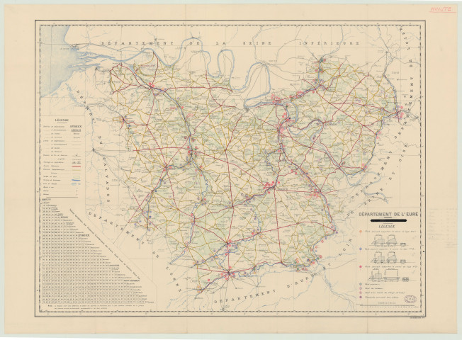 Carte du département de l'Eure indiquant l'emplacement des ponts dépendants des routes nationales et des chemins départementaux et leur limite de charge