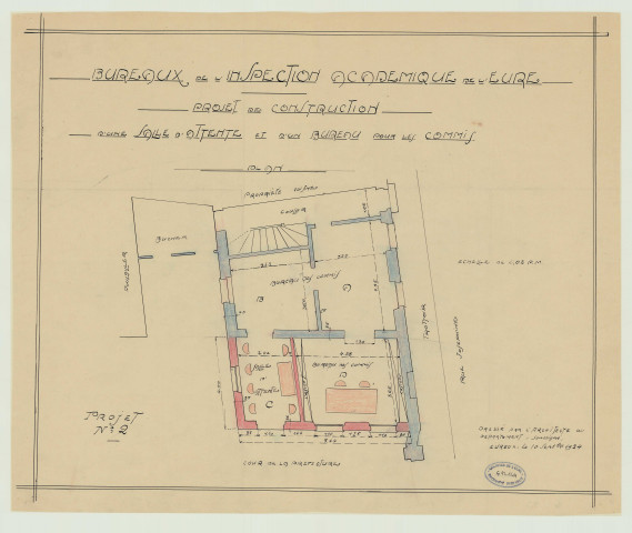 Evreux _"Bureaux de l'Inspection académique. Projet de construction d'une salle d'attente et d'un bureau pour les commis. Projet n° 2".