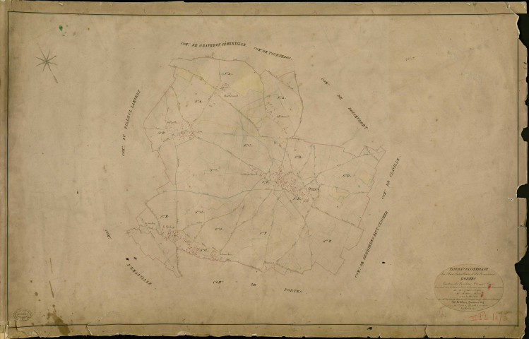 Ormes. Tableau d'assemblage _ du Plan Parcellaire de la Commune d'Ormes _ Canton de Conches - Evreux - Eure. _ Terminé sur le Terrain le 24 Septembre 1844 , sous l'administration de M. Zédé, Préfet _ M. Metton, Maire _ sous la Direction de M. Violas de Martigny, Directeur des Contributions directes _ M. Lefébure, Géomètre en Chef. _ Par M. Lefébure, Géomètre de 1re classe.