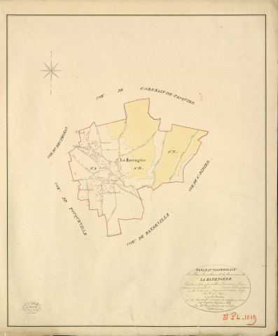 Harengère (La). Tableau d'assemblage _ du Plan Parcellaire de la Commune de La Harengère _ Canton d'Amfreville - Louviers - Eure. _ Terminé sur le Terrain en 1828 , sous l'administration de M. Le Vicomte Raymond Delaître , Préfet _ M. His, Maire _ sous la Direction de M.Hurtrelle, Directeur des Contributions directes _ M. Hautier, Géomètre en Chef. _ Par M. Charpentier, Géomètre de 1re classe.