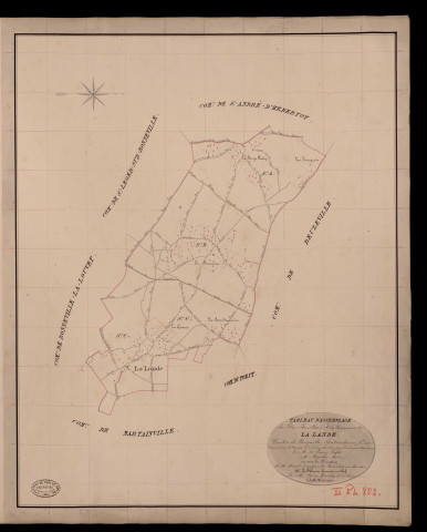 Lande (La). Tableau d'assemblage _ du Plan Parcellaire de la Commune de La Lande _ Canton de Beuzeville - Pontaudemer - Eure. _ Terminé sur le terrain le 31 décembre 1833, sous l'administration de M. A Passy, Préfet _ M. Monnier, maire _ en sous la Direction de M. Marel, Directeur des Contributions directes. _ M. Le Fébure, Géomètre en Chef. _ Par M. Canu, Géomètre de 1re classe.