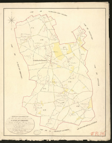 Saint-Aubin-du-Thenney. Tableau d'assemblage du Plan Parcellaire de la Commune de Saint-Aubin-du-Thenney. _ Canton de Broglie - Bernay - Eure. _ Terminé sur le terrain le 9 Février 1831, sous l'administration de M. Passy, Préfet - M. Gueroult, Maire et sous la direction de M. Marel, Directeur des Contributions directes. _ M. Le Fébure, Géomètre en Chef. _ Par M. Canu, Géomètre de 1re classe