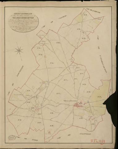 Villiers-en-Désœuvre. Tableau d'assemblage _ du Plan Parcellaire de la Commune de Villiers en Desoeuvre _ Canton de Pacy sur Eure - Evreux - Eure. _ Terminé sur le Terrain le 23 Mars 1853, sous l'administration de M. Le Marquis de Ste Croix, Préfet _ M. Ledru, Maire _ et sous la Direction de M. Chauveau, Directeur des Contributions directes _ M. Lefébure, Géomètre en Chef. _ Par M. Girard, Géomètre de 1re classe.