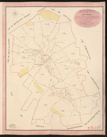 Longchamps. Tableau d'assemblage du Plan Parcellaire de la Commune de Longchamps. _ Canton d'Etrépagny - Andelys - Eure. _ Terminé sur le terrain le 29 juillet 1849, sous l'administration de M. Vallon, Préfet - M. Hébert, Maire et sous la direction de M. Violas, Directeur des Contributions directes. _ M. Le Fébure, Géomètre en Chef. _ Par M. Lefebvre, Géomètre de 1re classe