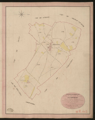 Authevernes. Tableau d'assemblage du Plan Parcellaire de la Commune d'Authevernes. _ Canton de Gisors - Andelys - Eure. _ Terminé sur le terrain le 25 août 1840, sous l'administration de M. de Monicault, Préfet - M. Foubert, Maire et sous la direction de M. Garnier, Directeur des Contributions directes. _ M. Le Fébure, Géomètre en Chef. _ Par M. Lenglet, Géomètre de 1re classe