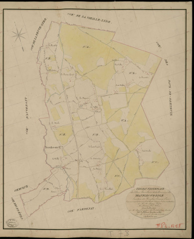 Neaufles-sur-Risle. Tableau d'assemblage _ du Plan Parcellaire de la Commune de Neaufles sur Risle _ Canton de Rugles - Evreux - Eure. _ Terminé sur le Terrain le 26 Aout 1834, sous l'administration de M. A Passy, Préfet _ M. Perrault, Maire _ et sous la Direction de M. Marel, Directeur des Contributions directes _ M. Le Fébure, Géomètre en Chef. _ Par M. Drouet, Géomètre de 1re classe.