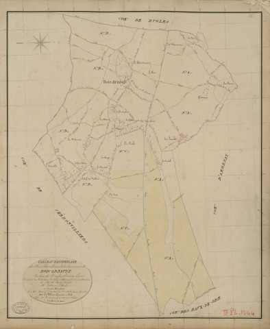 Bois-Arnault. Tableau d'assemblage _ du Plan Parcellaire de la Commune de Bois-Arnault _ Canton de Rugles - Evreux - Eure. _ Terminé sur le Terrain le 18 Juin 1854, sous l'administration de M. A Passy, Préfet _ M. Lefebure, Maire _ et sous la Direction de M. Marel, Directeur des Contributions directes _ M. Lefébure, Géomètre en Chef. _ Par M. Gondouin, Géomètre de 1re classe.