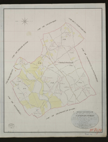 Saint-Aubin-le-Guichard. Tableau d'assemblage _ du Plan Parcellaire de la Commune de St-Aubin-le-Guichard. _ Canton de Beaumesnil - Bernay - Eure. _ Terminé sur le terrain le 22 octobre 1833 sous l'administration de M. A. Passy, Préfet _ M.Crosnier maire _ en sous la Direction de M. Marel, Directeur des Contributions directes. _ M. Le Fébure, Géomètre Chef. _ Par M. Renault, Géomètre de 1re classe.