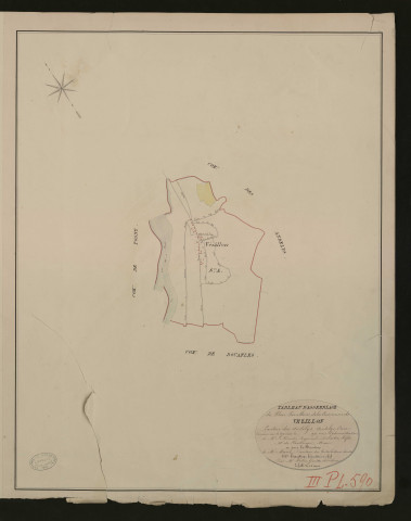 Vézillon. Tableau d'assemblage du Plan Parcellaire de la Commune de Vézillon. _ Canton des Andelys - Andelys, Eure. _ Terminé le terrain en 1830, sous l'administration de M. Le Vicomte Raymond Delaitre, Préfet - M. Challenge, Maire et sous la direction de M. Marel, Directeur des Contributions directes. _ - M. Hautier, Géomètre en Chef. _ Par M. Folin, Géomètre des 1re classe.
