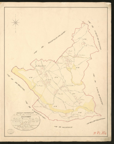 Bosrobert. Tableau d'assemblage du Plan Parcellaire de la Commune de Bosrobert. _ Canton de Brionne - Bernay - Eure. _ Terminé sur le terrain ev 1827, sous l'administration de M. Le Vicomte Raymond Delaitre, Préfet - M. Guillouet, Maire et sous la direction de M. Hurtelle, Directeur des Contributions directes. _ M. Hautier, Géomètre en Chef. _ Par M. Folin, Géomètre de 1re classe