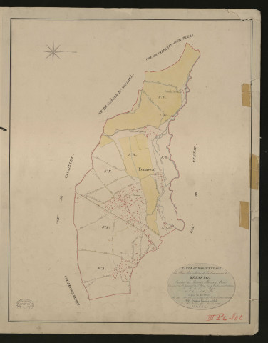 Menneval. Tableau d'assemblage du Plan Parcellaire de la Commune de Menneval _ Canton de Bernay - Bernay - Eure. _ Terminé sur le terrain le 15 septembre 1830, sous l'administration de M. A Passy, Préfet - M. Le Comte d'Auger, Maire et sous la direction de M. Marel, Directeur des Contributions directes. _ M. Hautier, Géomètre en Chef. _ Par M. Folin, Géomètre de 1re classe