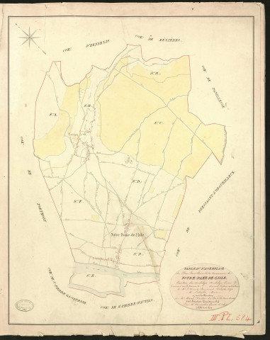 Notre-Dame-de-l'Isle. Tableau d'assemblage du Plan Parcellaire de la Commune de Notre-Dame-de-l'Isle. _ Canton des Andelys - Andelys, Eure. _ Terminé sur le terrain en 1830, sous l'administration de M. Le Vicomte Raymond Delaitre, Préfet - M. Ledanois, Maire et sous la direction de M. Marel, Directeur des Contributions directes. _ - M. Hautier, Géomètre en chef. _ Par M. Charpentier, Géomètre de 1re classe