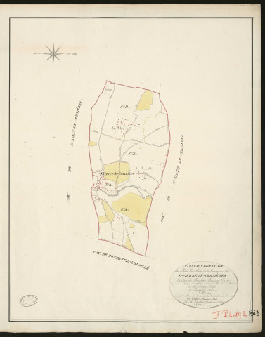 Saint-Pierre-de-Cernières. Tableau d'assemblage _ du Plan Parcellaire de la Commune de Saint-Pierre-de-Cernières _ Canton de Broglie - Bernay - Eure. _ Terminé sur le terrain le 5 Mai 1831, sous l'administration _ de M. Passy, Préfet _ M. Lemaitre, Maire _ et sous la Direction _ de M. Marel, Directeur des Contributions directes _ M. LeFébure, Géomètre en chef _ Par M. Letailleur Géomètre de 1ere classe.